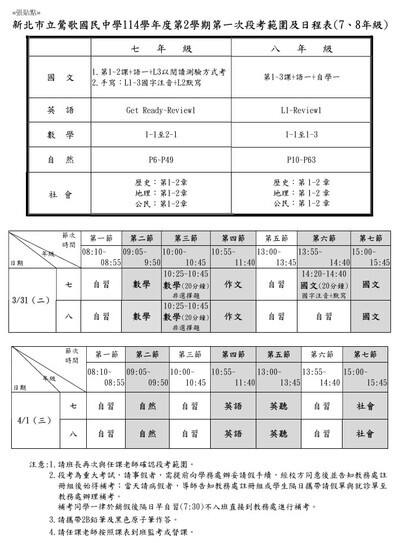 114學年度第2學期七八年級第一次段考範圍及日程表
